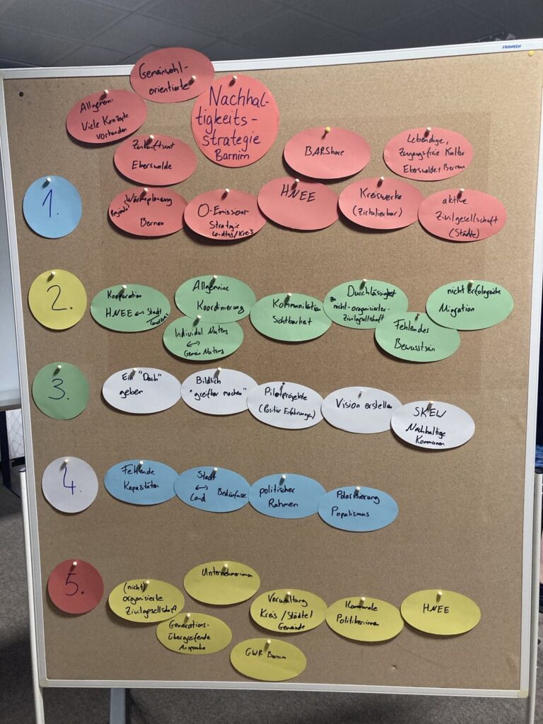 Eine Pinnwand mit den Ergebnisses zu dem Workshop zum Themenfeld "Nachhaltigkeitsstrategien für den Landkreis"